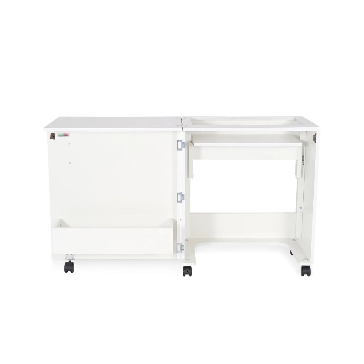 Open Arrow Judy Sewing Cabinet 101 in White displaying empty hydraulic lift platform and wide work area for sewing machines.