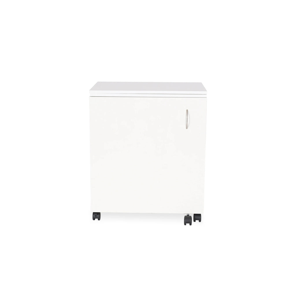 Closed Arrow Judy Sewing Cabinet 101 in White with compact footprint and locking casters for easy mobility and storage.