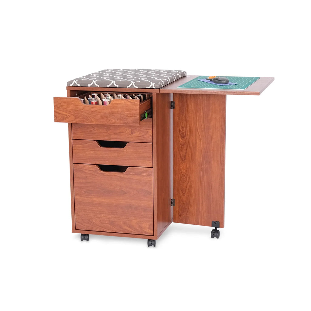 Kangaroo Kiwi Storage Cabinet in Teak K7105 with thread drawer open and side work surface extended