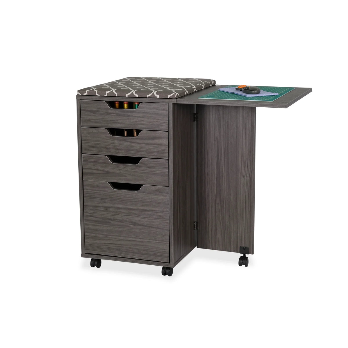 Kangaroo Kiwi Storage Cabinet in Gray K7107 with drawers, ironing board, and fold-out cutting surface