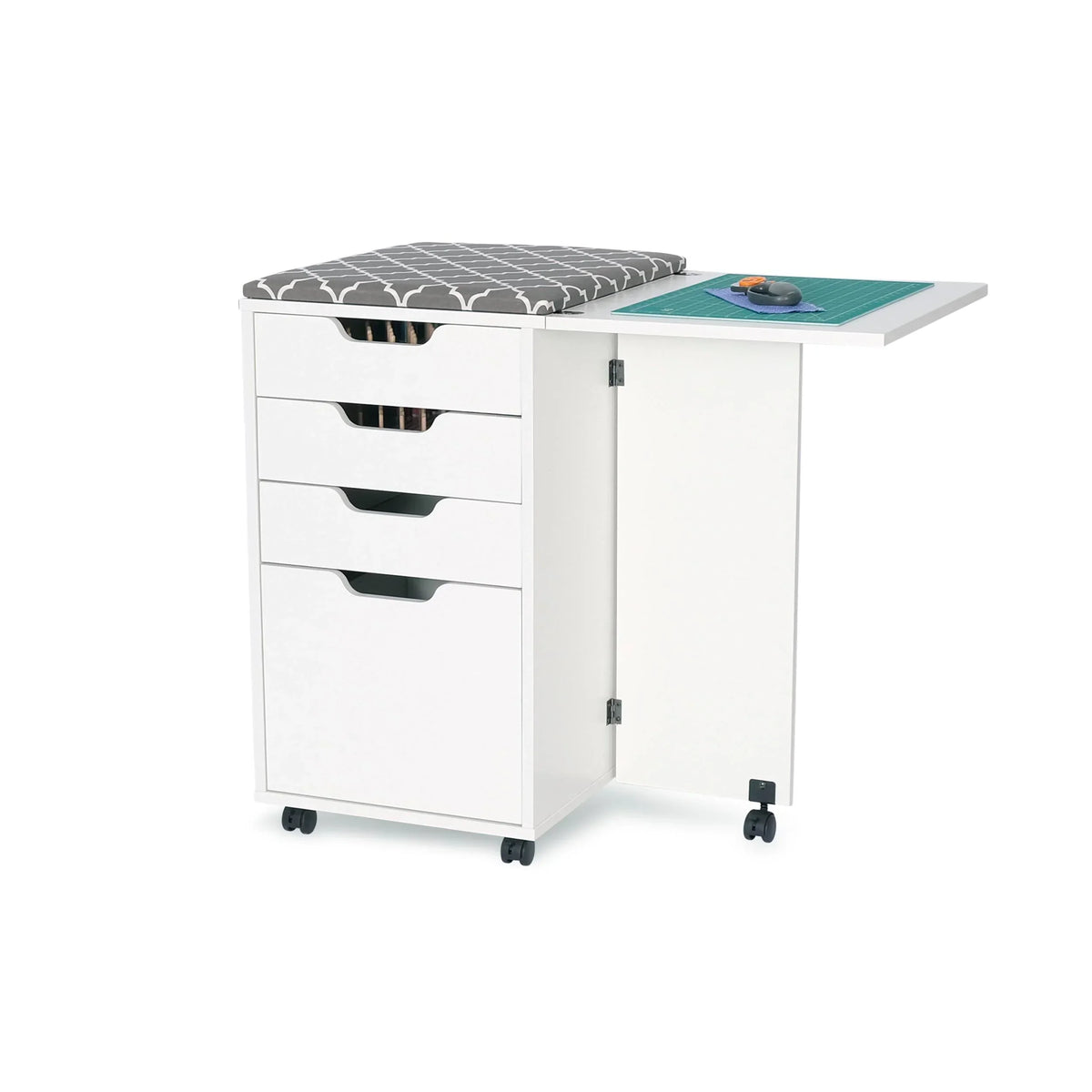 Kangaroo Kiwi Storage Cabinet in Ash White K7111 with drawers, ironing board, and fold-out cutting table