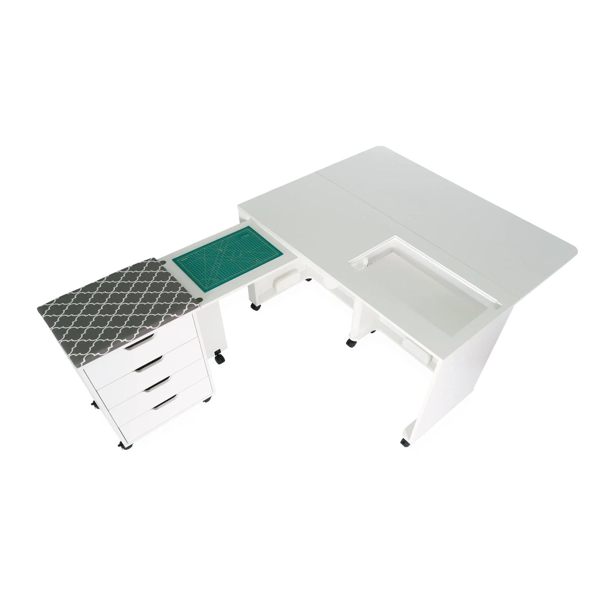 Expanded Arrow Laverne & Shirley Sewing Cabinet showing pull-out cutting mat surface and large sewing workspace.
