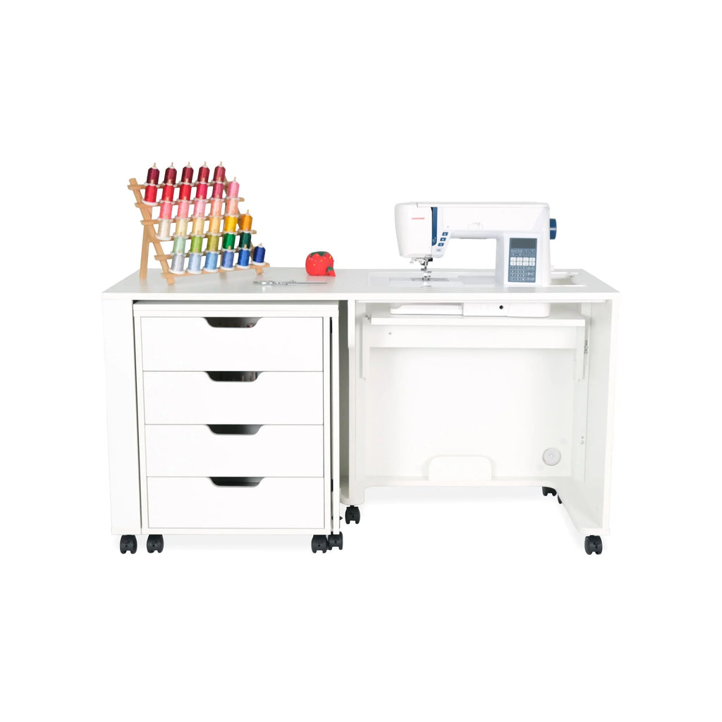 Front view of Arrow Laverne & Shirley Sewing Cabinet in Ash White with machine platform in flatbed position.