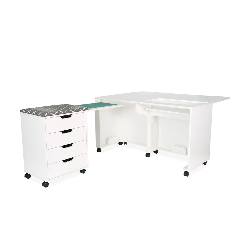 Arrow Laverne & Shirley Sewing Cabinet with detachable drawer caddy and extended cutting mat tray.