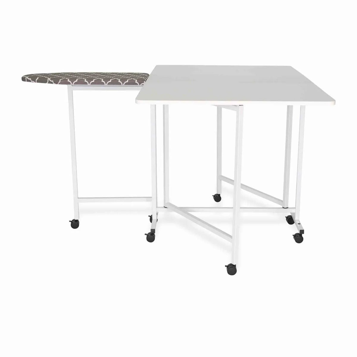 Arrow Millie 3311 cutting and ironing table with fold-out ironing board and caster wheels for sewing and quilting workspaces.