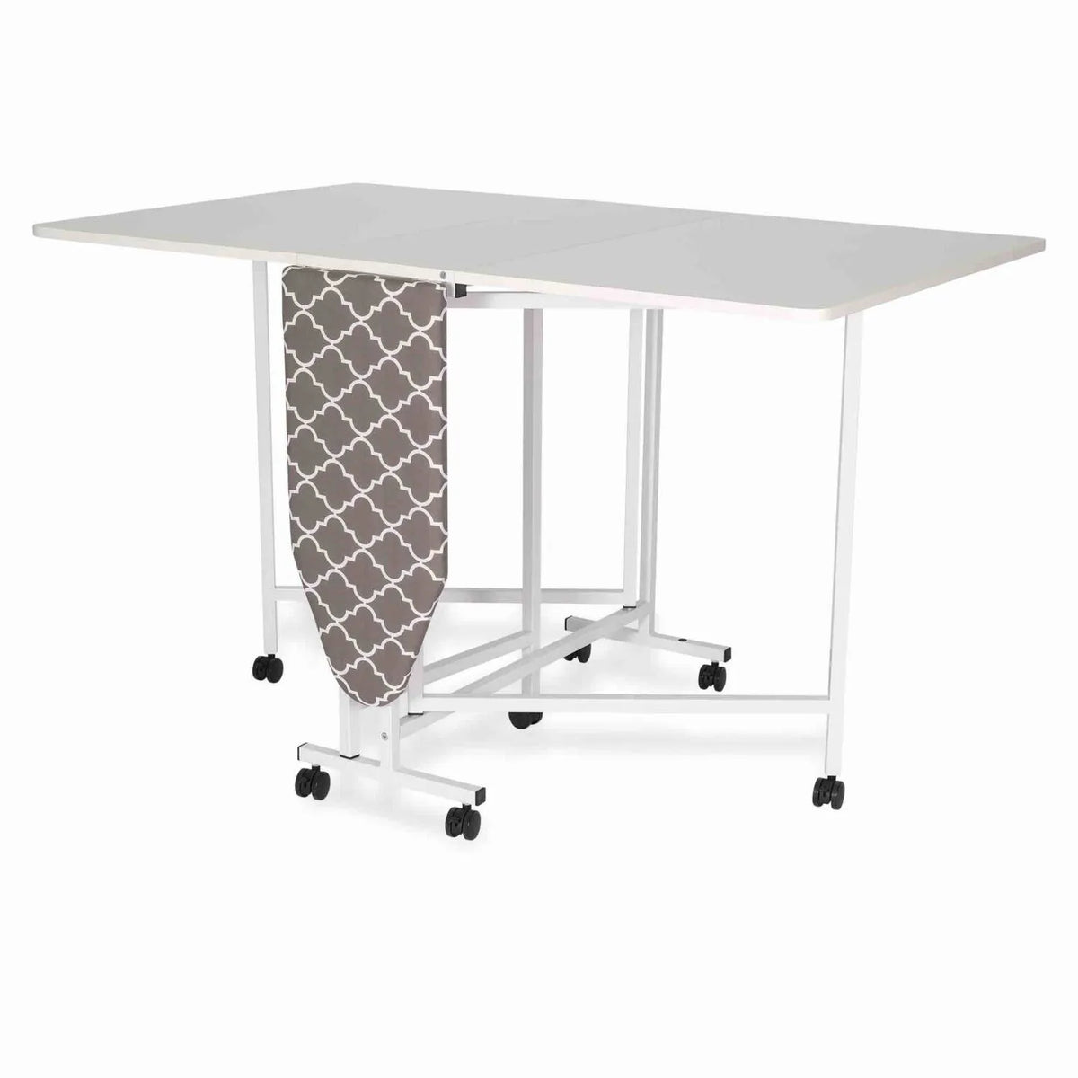 Arrow Millie 3311 sewing cutting table fully expanded with built-in fold-down ironing board and sturdy metal frame.