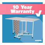 Arrow Millie Cutting & Ironing Table 3311 shown with 10-year warranty badge, highlighting durable sewing furniture design.