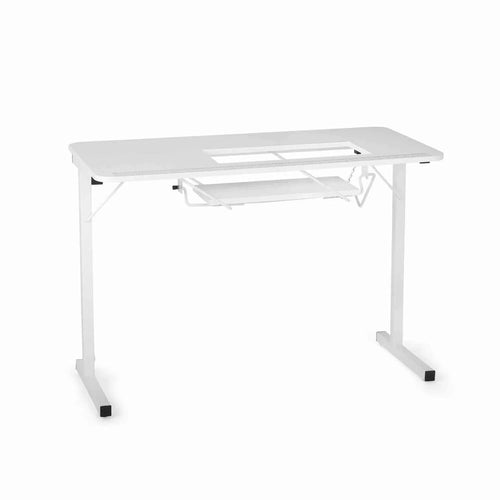 Arrow Gidget I Sewing Table 601 featuring the 2-position manual lift platform extended for flatbed sewing.