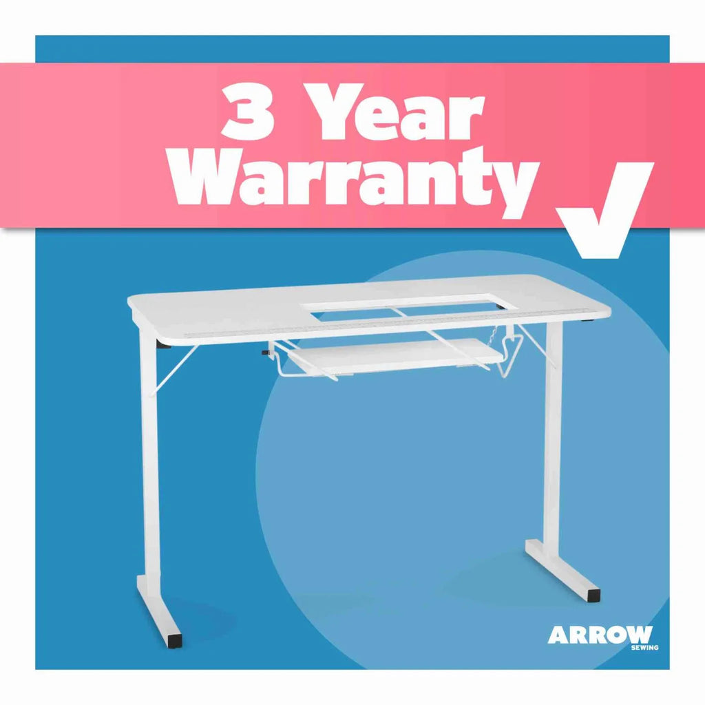 Arrow Sewing Gidget I Sewing Table 601 promotional image highlighting included 3-year manufacturer warranty.