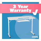 Arrow Sewing Gidget I Sewing Table 601 promotional image highlighting included 3-year manufacturer warranty.