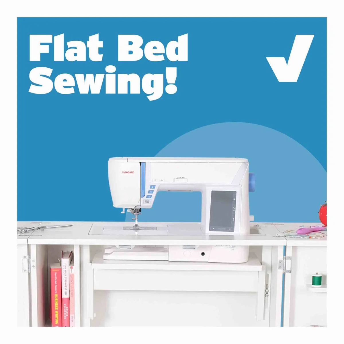 Flatbed sewing setup example demonstrating sewing machine positioned level on an Arrow sewing table surface.