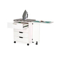 Arrow Shirley Storage Cabinet White 441 with open drawers, built-in ironing board, cutting mat extension, and rolling casters for sewing and crafting organization.