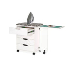 Arrow Shirley Storage Cabinet White 441 with open drawers, built-in ironing board, cutting mat extension, and rolling casters for sewing and crafting organization.