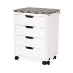 Arrow Shirley Storage Cabinet White 441 closed view showing four storage drawers, cushioned ironing board top, and mobile caster wheels for compact sewing room storage.