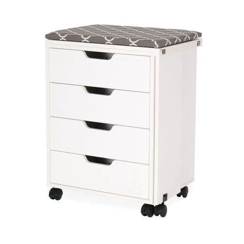 Arrow Shirley Storage Cabinet White 441 closed view showing four storage drawers, cushioned ironing board top, and mobile caster wheels for compact sewing room storage.