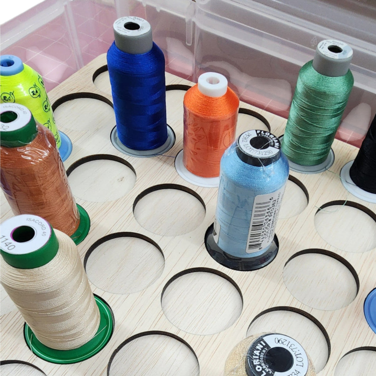 Blank Embroidery Thread Storage Tray, 36 Spools — close-up of sample spools in circular openings