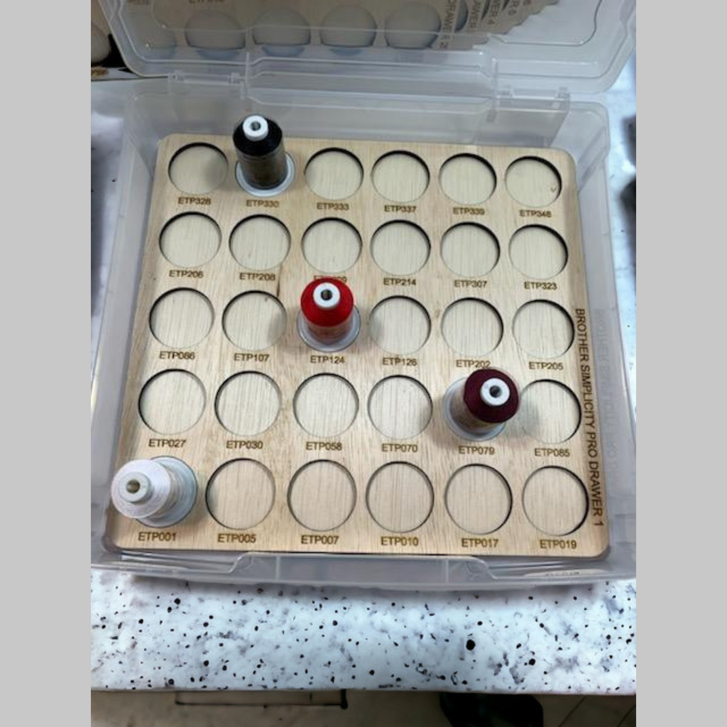 Brother Simplicity Pro Thread Storage Trays, 360 Spools — overhead view of tray in an open clear case