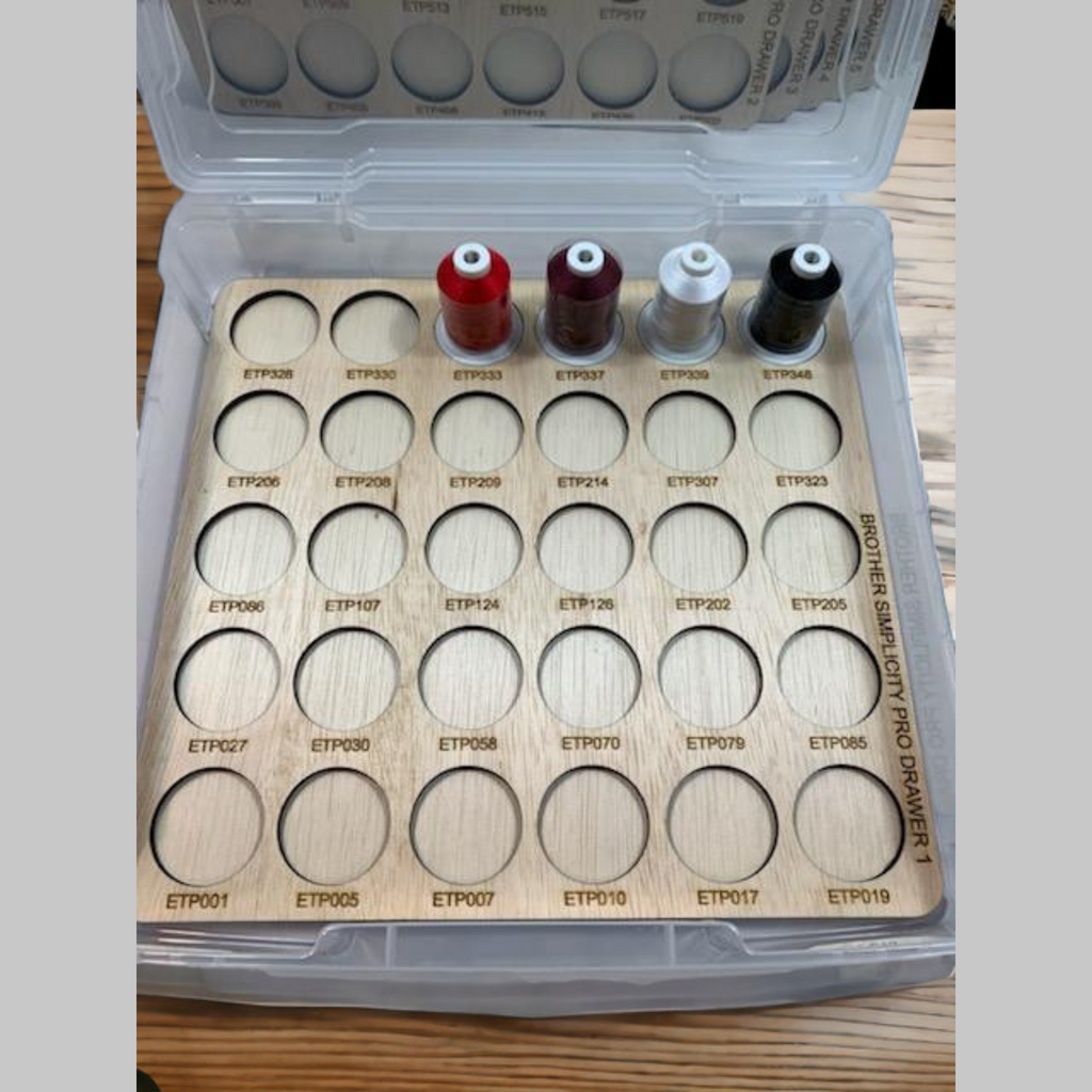 Brother Simplicity Pro Thread Storage Trays, 360 Spools — numbered tray with sample spools beneath an open lid