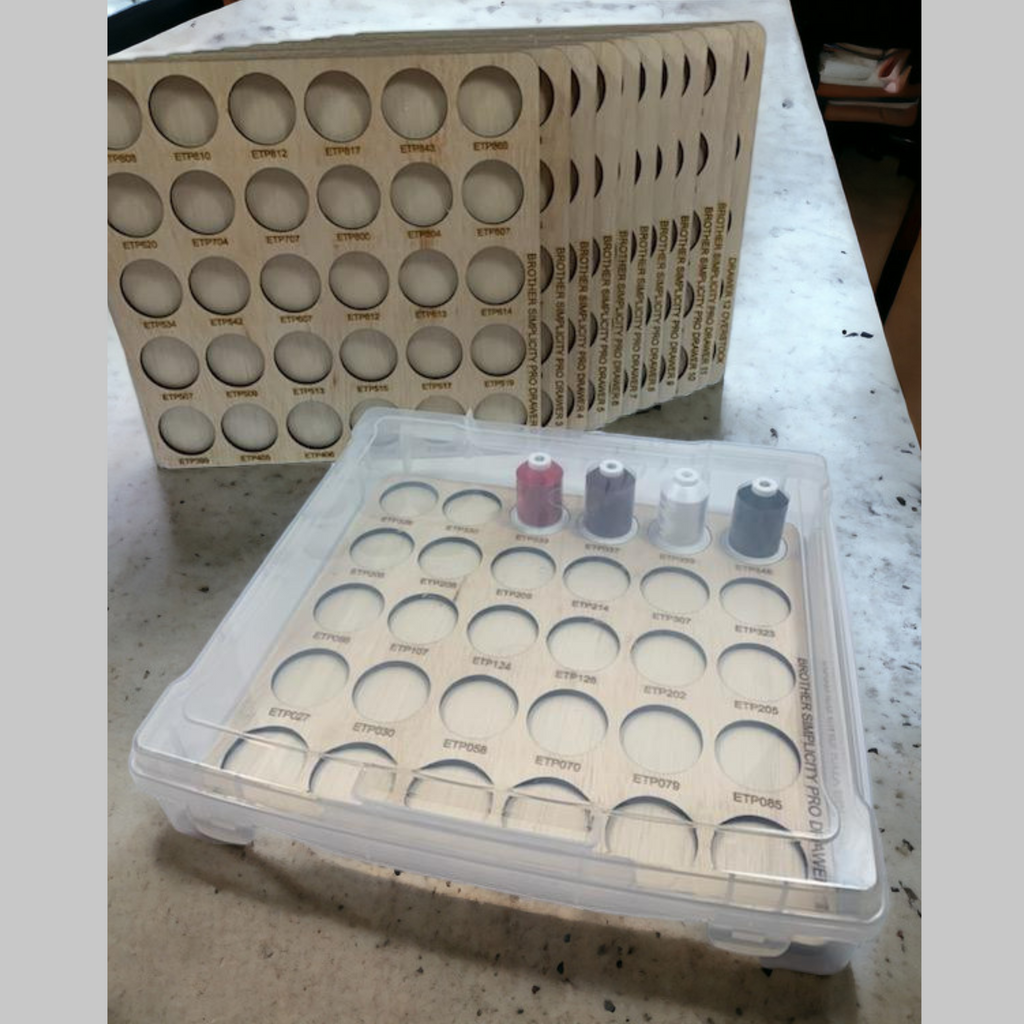 Brother Simplicity Pro Thread Storage Trays, 360 Spools — stacked trays beside a tray in a clear case