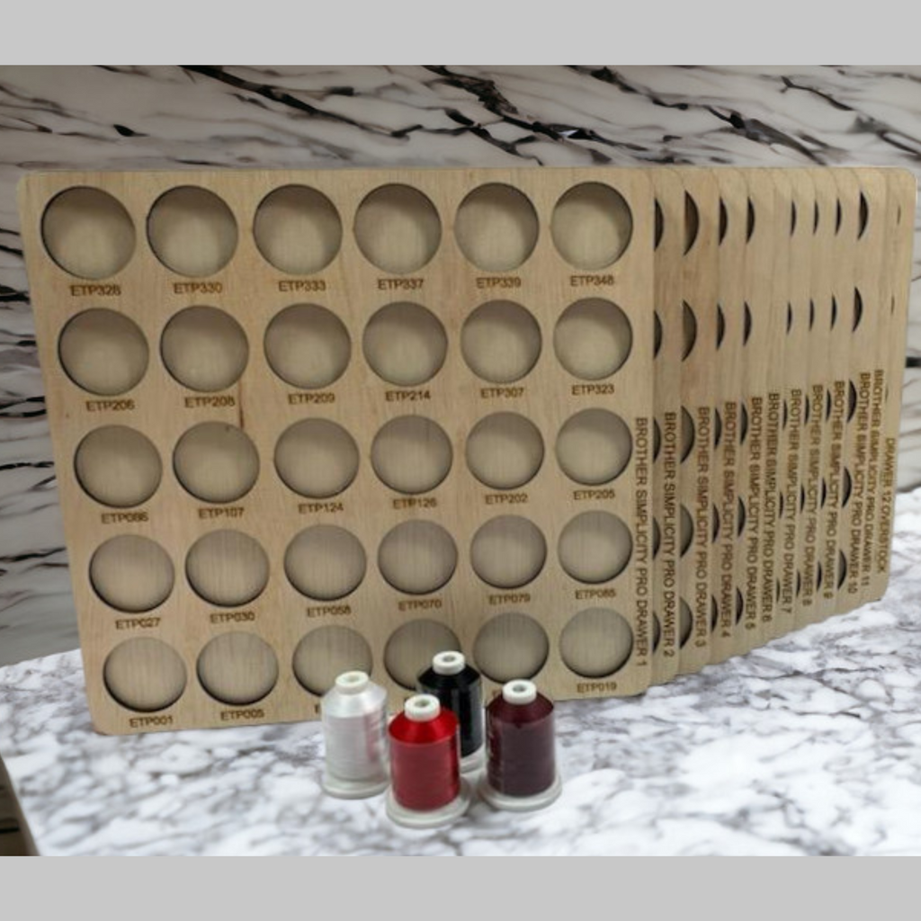 Brother Simplicity Pro Thread Storage Trays, 360 Spools — numbered wooden trays with sample thread spools