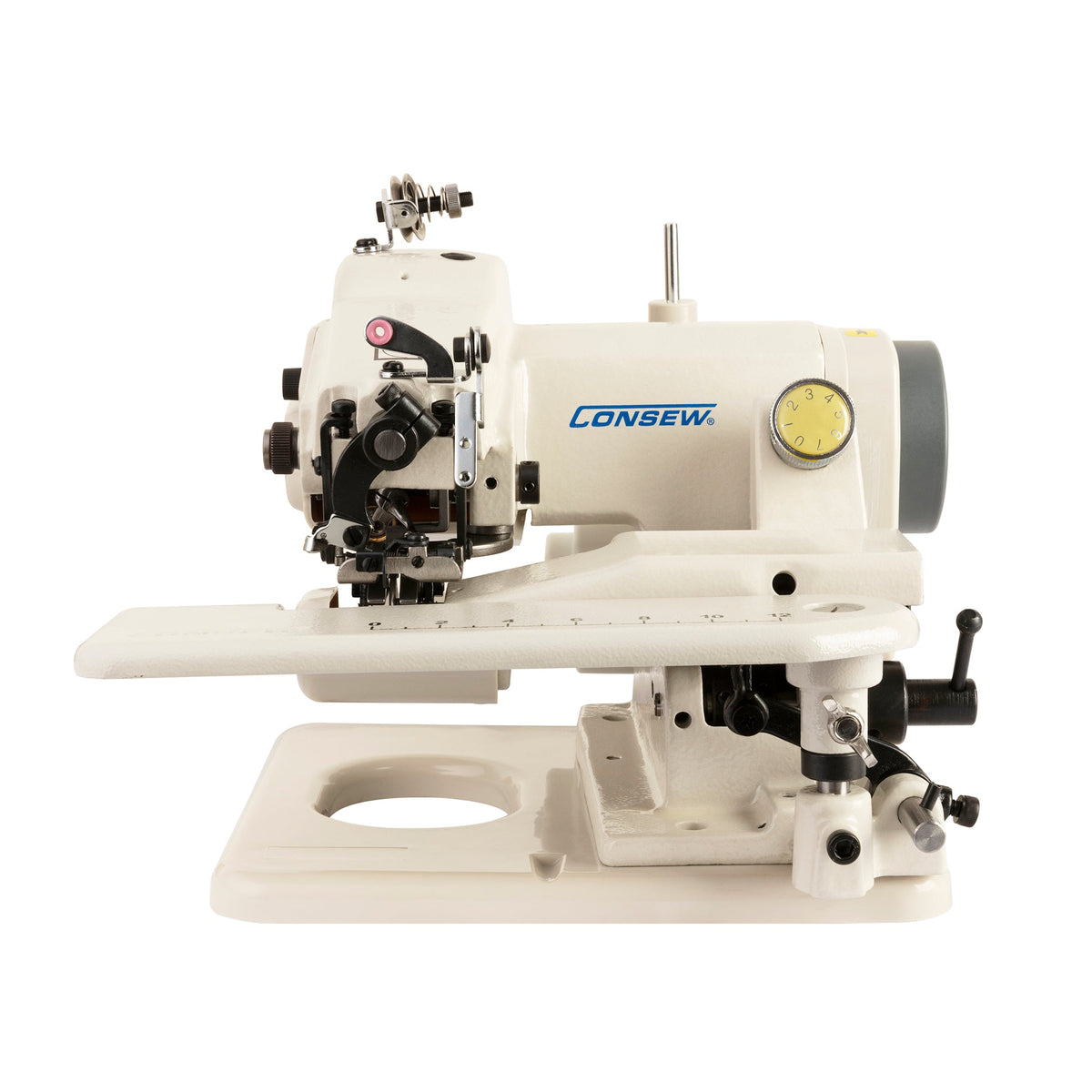 Consew 75T blindstitch machine from the front, showing the work plate and table clamping base.