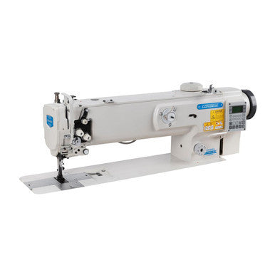 Consew P1510RBL-18-7DD/220 industrial sewing machine complete package with table, stand, and motor.
