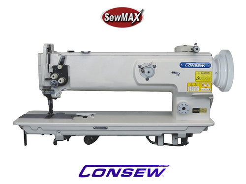 Consew P1510RBL-18 industrial sewing machine complete package with table, stand, and motor.