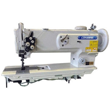 Consew P1560RB-14 industrial sewing machine complete package with table, stand, and motor.