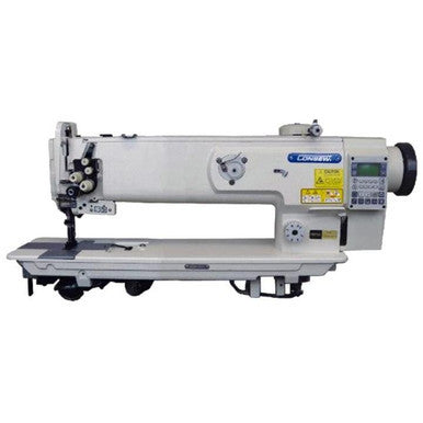 Consew P1560RBL-18-DD/220 industrial sewing machine complete package with table, stand, and motor.