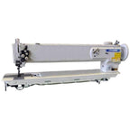 Consew P1560RBL-25 industrial sewing machine complete package mounted on table with stand and servo motor.