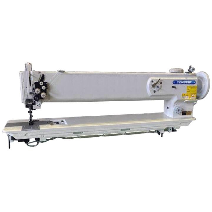 Consew P1560RBL-25 industrial sewing machine complete package mounted on table with stand and servo motor.