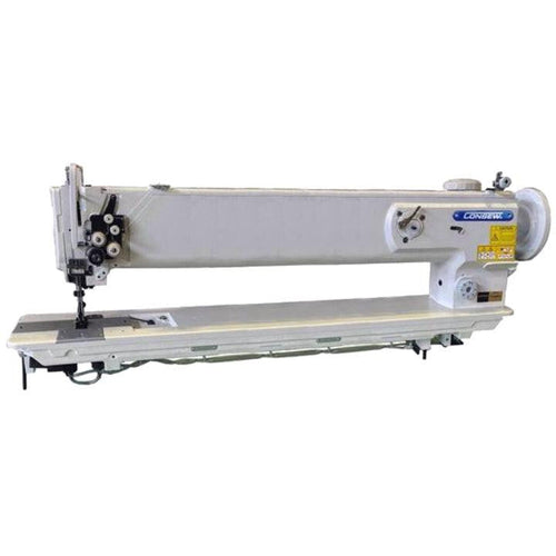 Consew P1560RBL-25 industrial sewing machine complete package mounted on table with stand and servo motor.