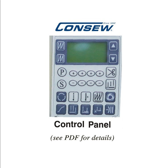 Consew P1560RBL-25-DD/220 direct-drive industrial sewing machine control panel detail.