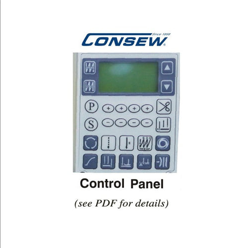 Consew P1560RBL-25-DD/220 direct-drive industrial sewing machine control panel detail.