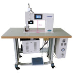 Consew UEW-PPE-2 ultrasonic embossing machine complete package mounted on table and stand.