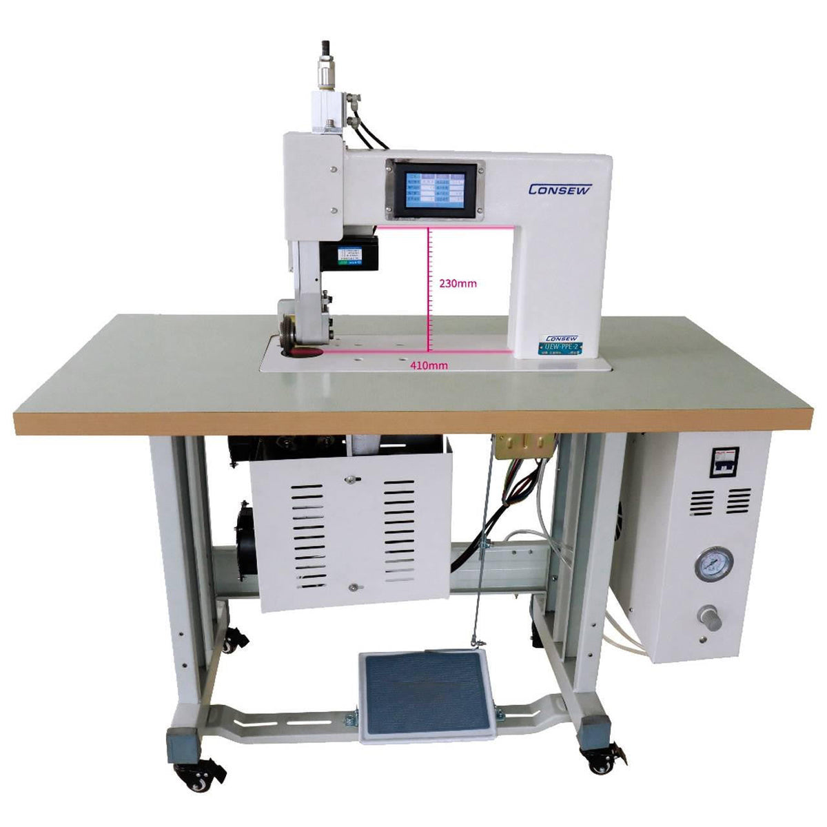Consew UEW-PPE-2 ultrasonic embossing machine complete package mounted on table and stand.