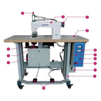 Consew UEW-PPE ultrasonic embossing machine complete package with table, controls, and foot pedals.