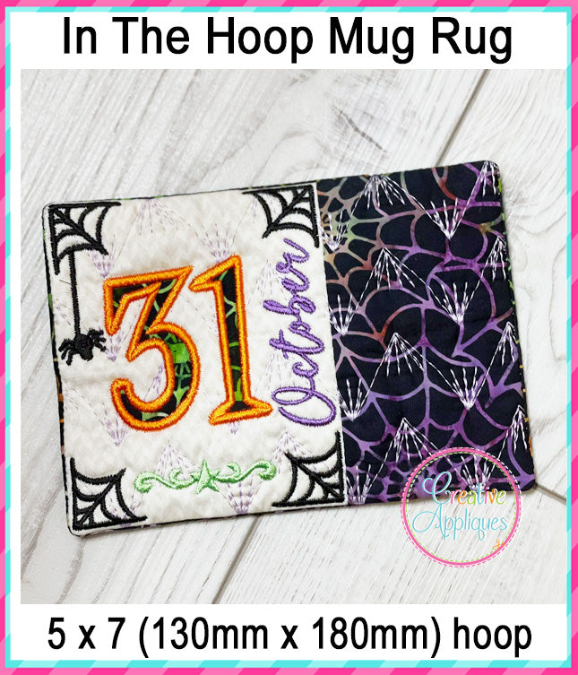 31 October Mug Rug included in the Creative Appliques Mug Rug In-the-Hoop Embroidery Set