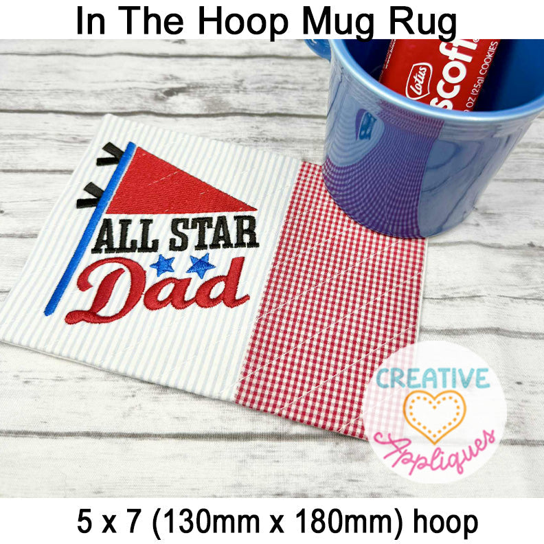 All Star Dad Mug Rug included in the Creative Appliques Mug Rug In-the-Hoop Embroidery Set
