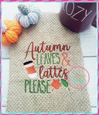 Autumn Leaves and Lattes Please Embroidery Design included in the Creative Appliques Fall Applique and Embroidery Bundle