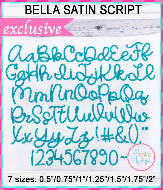 Bella Satin Script Embroidery Font included in the Creative Appliques Embroidery Font Bundle
