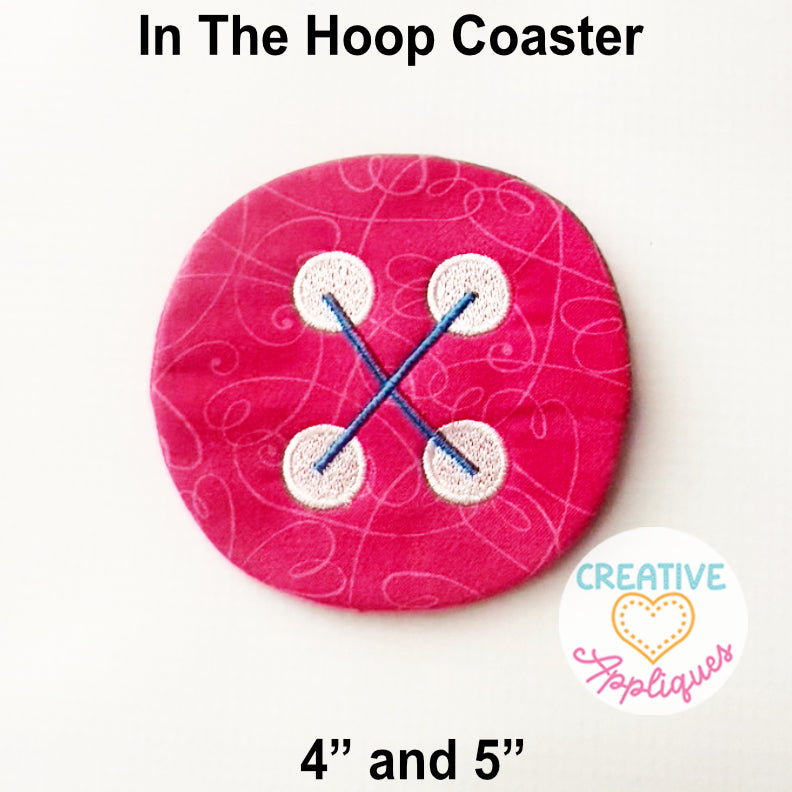 Creative Appliques in-the-hoop button coaster embroidery design in 4-inch and 5-inch sizes