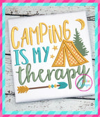 Camping Is My Therapy Applique included in the Creative Appliques Camping Embroidery and Applique Bundle