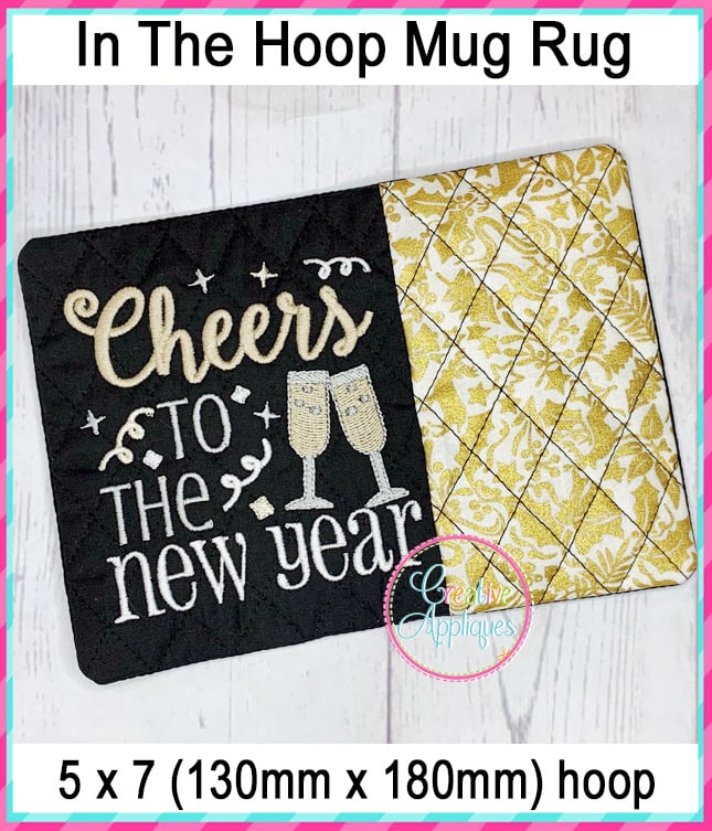 Cheers to the New Year Mug Rug included in the Creative Appliques Mug Rug In-the-Hoop Embroidery Set