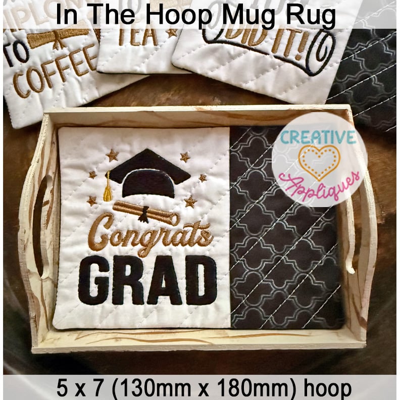 Congrats Grad Mug Rug included in the Creative Appliques Mug Rug In-the-Hoop Embroidery Set