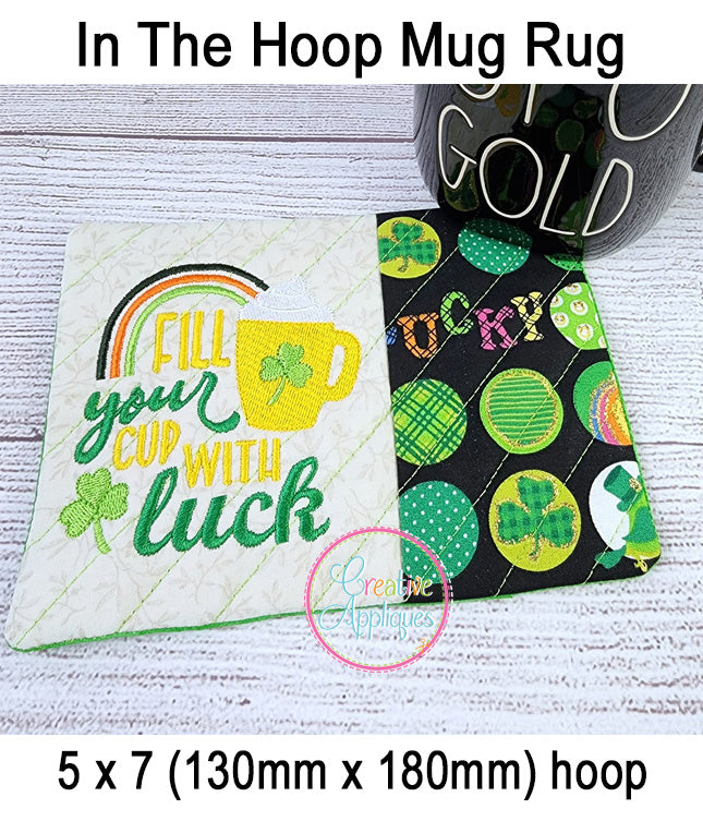 Fill Your Cup with Luck Mug Rug included in the Creative Appliques Mug Rug In-the-Hoop Embroidery Set