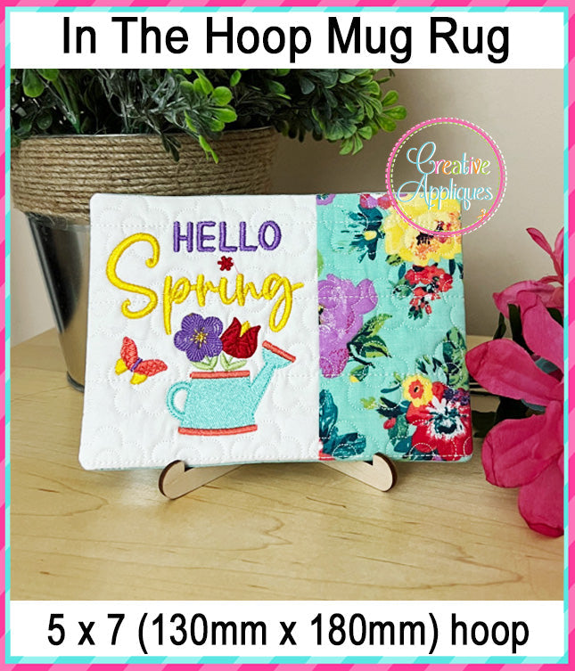 Hello Spring Mug Rug included in the Creative Appliques Mug Rug In-the-Hoop Embroidery Set