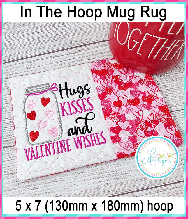 Hugs and Kisses Mug Rug included in the Creative Appliques Mug Rug In-the-Hoop Embroidery Set