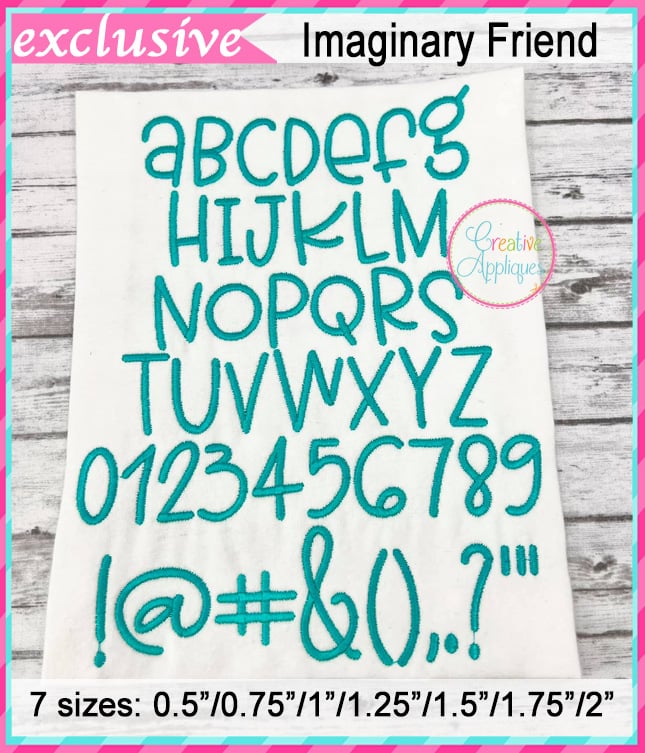 Imaginary Friend Embroidery Font included in the Creative Appliques Embroidery Font Bundle