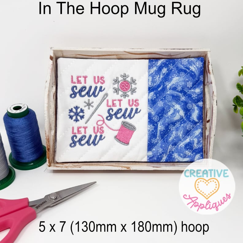 Let Us Sew Mug Rug included in the Creative Appliques Mug Rug In-the-Hoop Embroidery Set